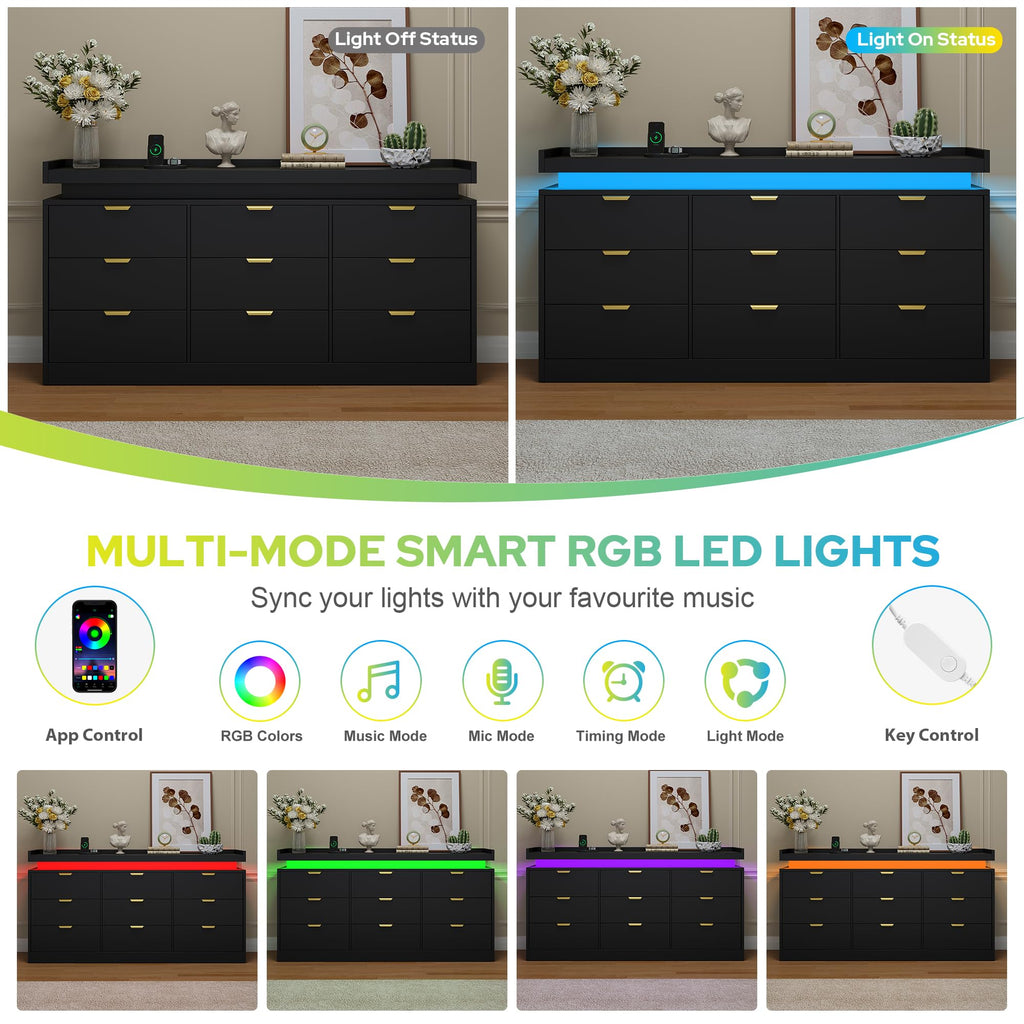 Black 9 Drawer Wood Dresser with LED Lights and Power Outlet E37705