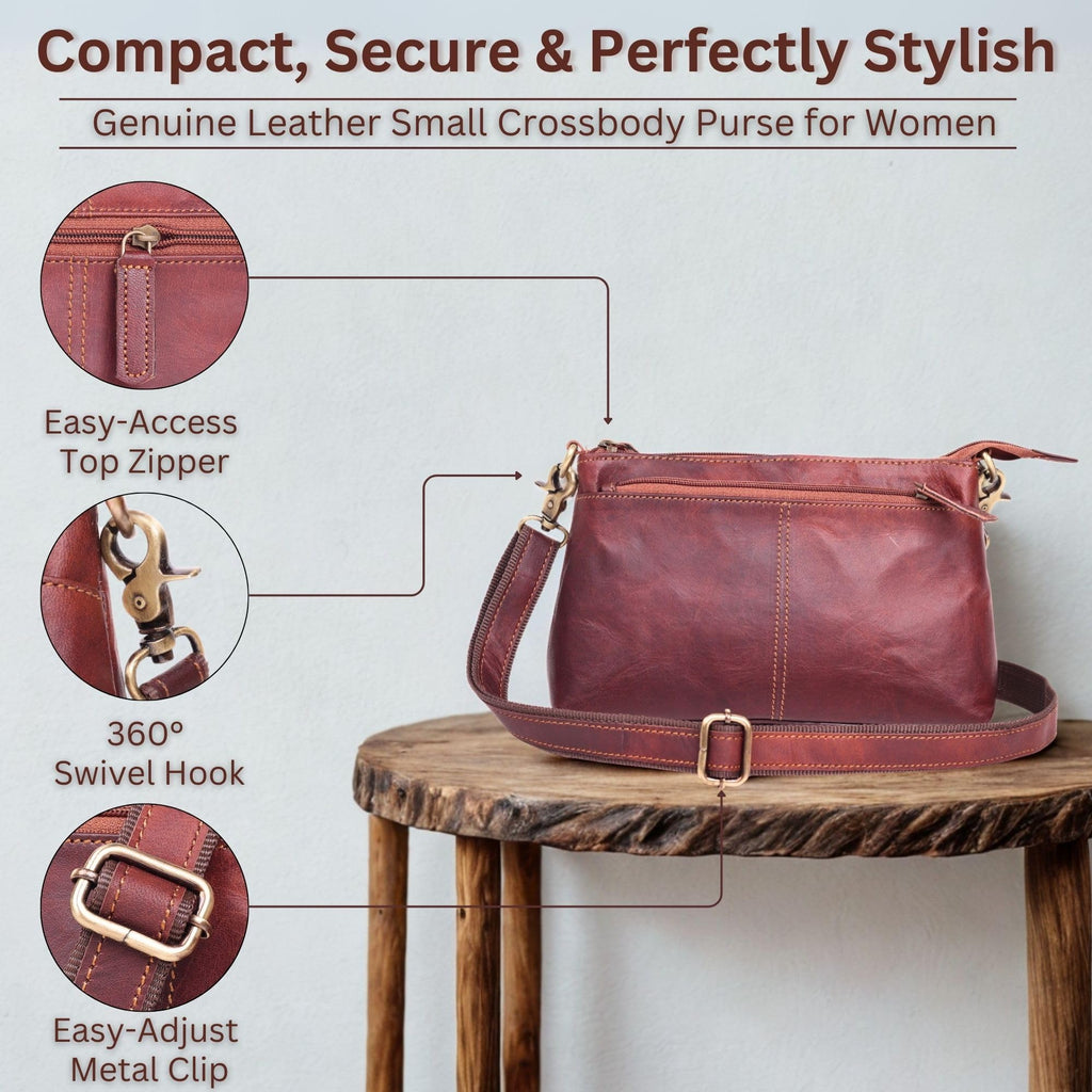Small Genuine Leather Crossbody Bag with 3 Zipper Pockets I163