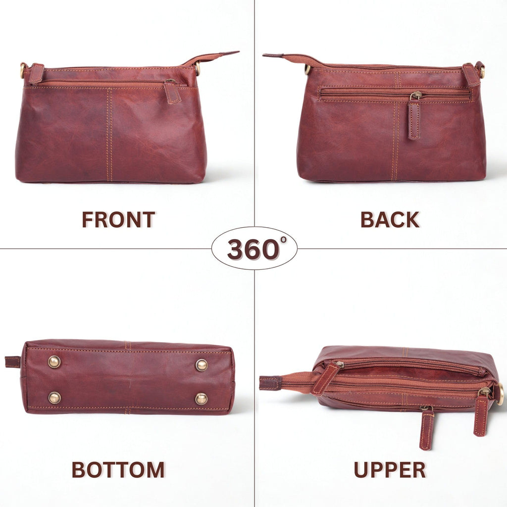 Small Genuine Leather Crossbody Bag with 3 Zipper Pockets I163