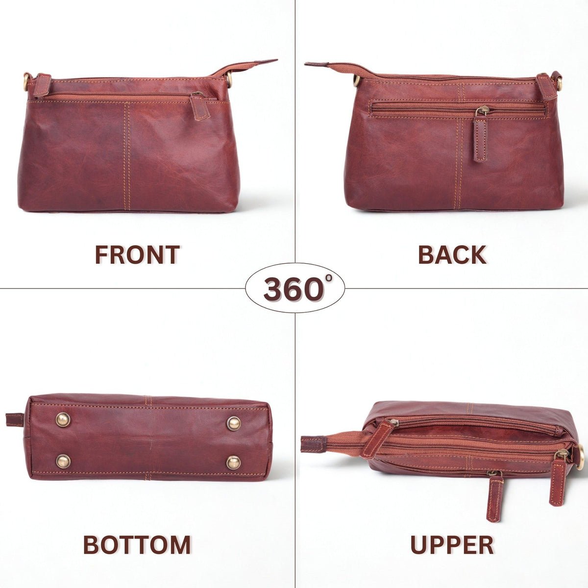 Small Genuine Leather Crossbody Bag with 3 Zipper Pockets I163
