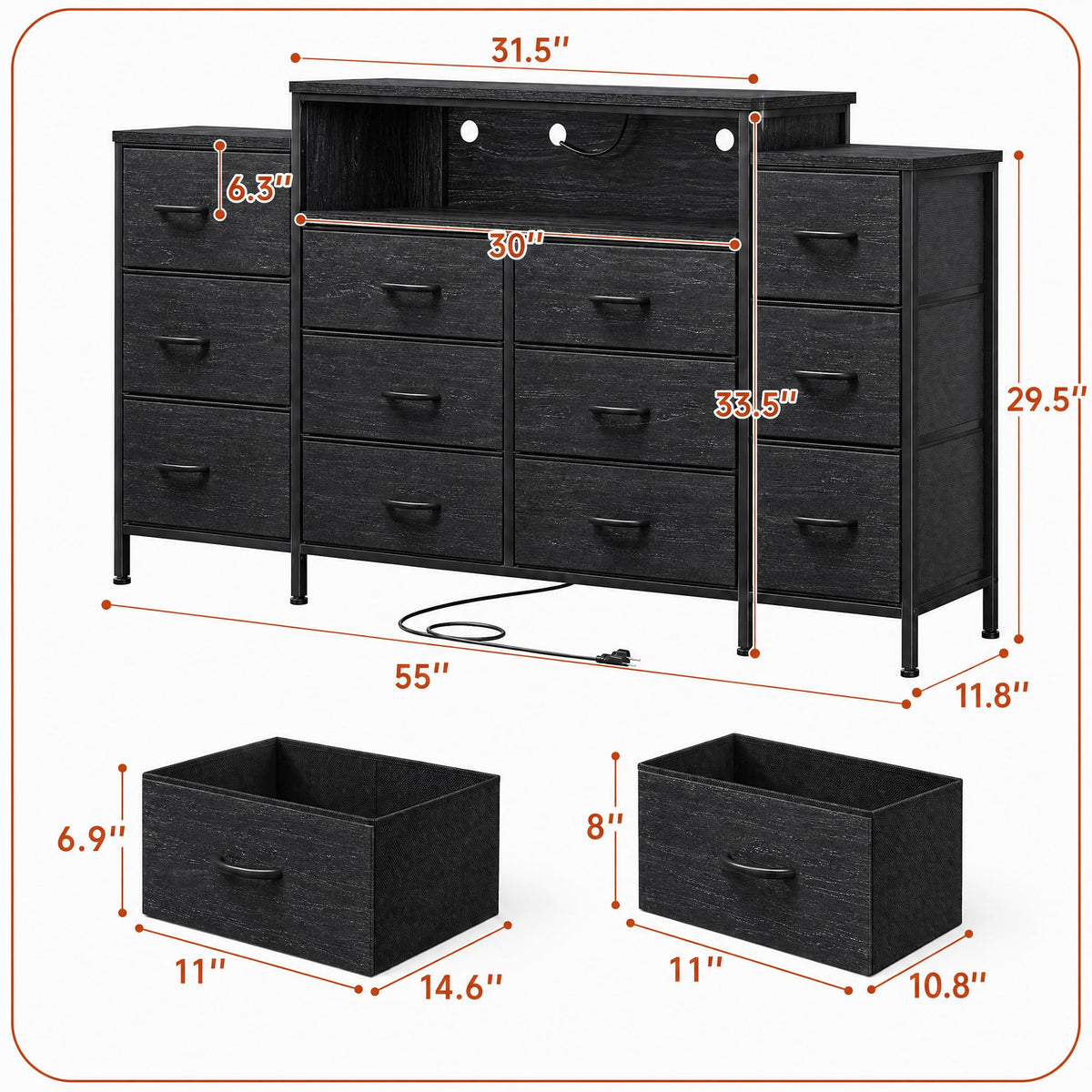 12 Drawer Dresser with LED Lights and Charging J707603