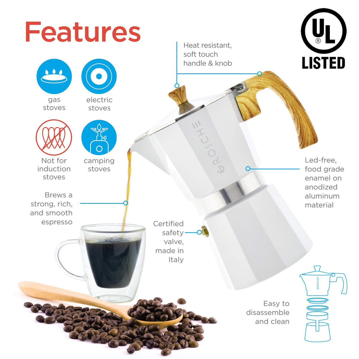 Stovetop Espresso Maker Moka Pot 5 oz White C93882