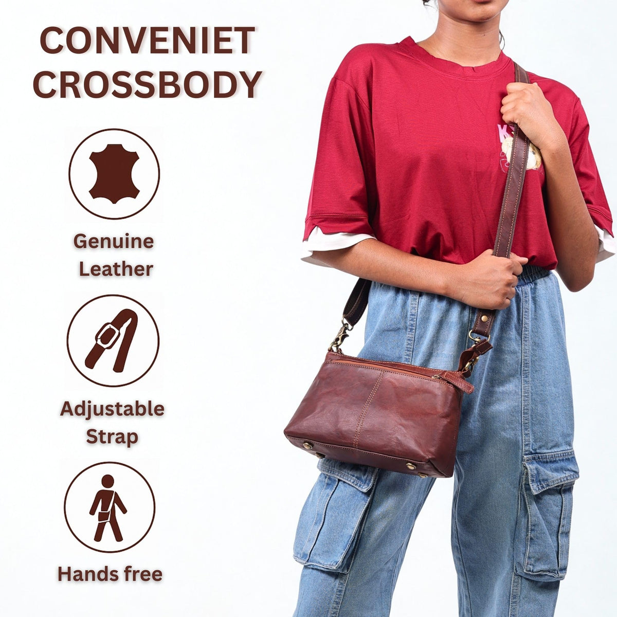 Small Genuine Leather Crossbody Bag with 3 Zipper Pockets I163