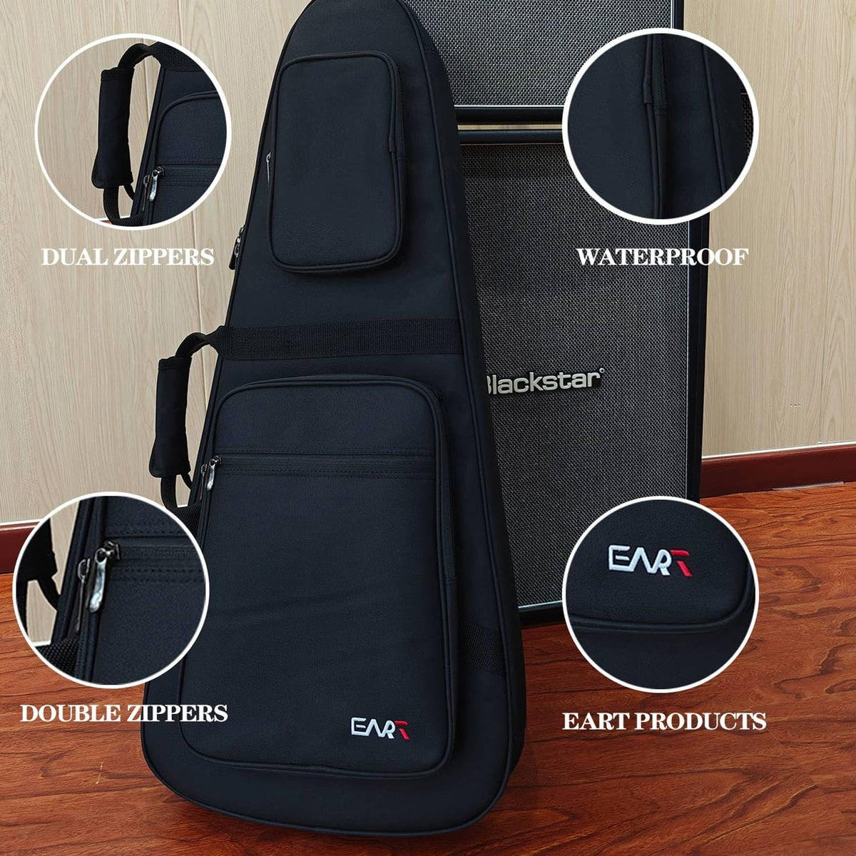 36 Inch Headless Electric Guitar Case, Waterproof Nylon Soft Bag with Shoulder Strap, Black Z254586