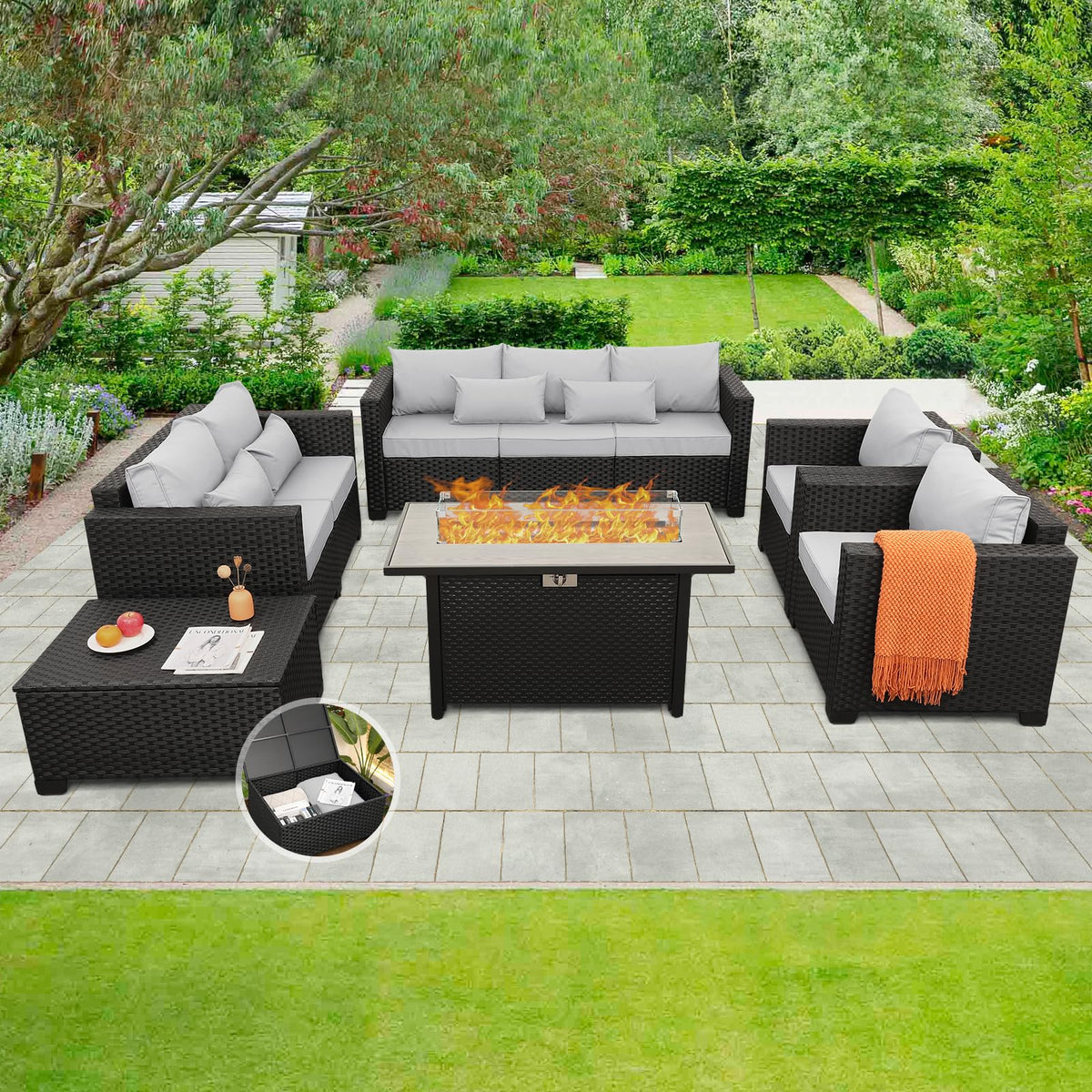 6 Pcs Outdoor Furniture Set with Fire Pit Table and Cushions W7268