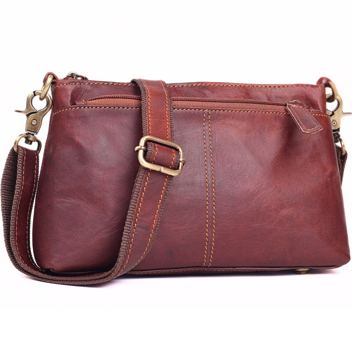 Small Genuine Leather Crossbody Bag with 3 Zipper Pockets I163