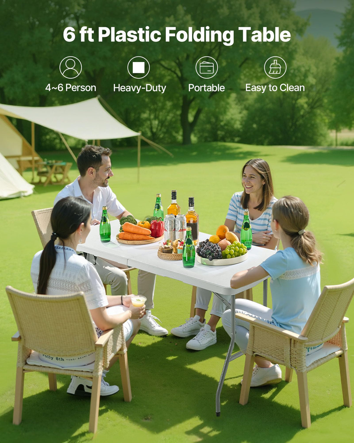 Folding Table, Heavy Duty Portable Fold-in-Half Utility Table, Indoor Outdoor Plastic Rectangle Table with Built in Handle, 6 ft, White L213733