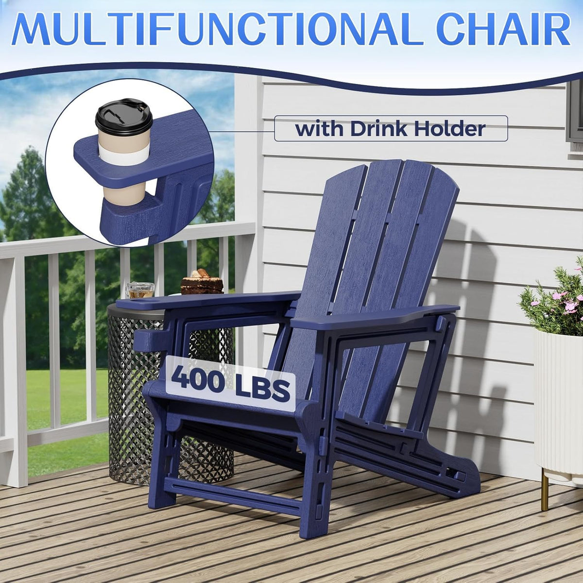 Navy Blue All Weather Plastic Adirondack Chair with Cup Holder Q583