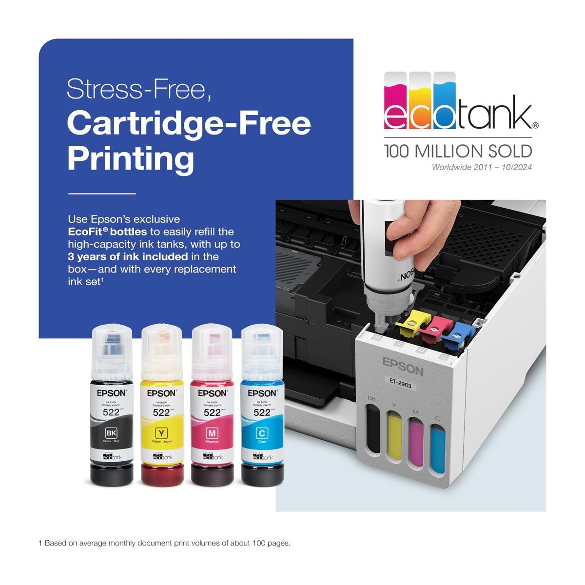 Wireless All-in-One Color Supertank Printer with Refillable Tanks, Scanner, White C783841