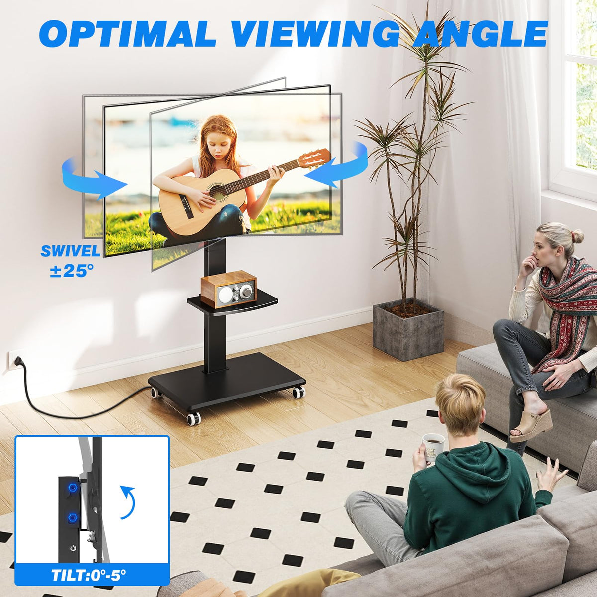 Black Mobile TV Stand 32-75 Inch with Power Outlet and Shelf J190