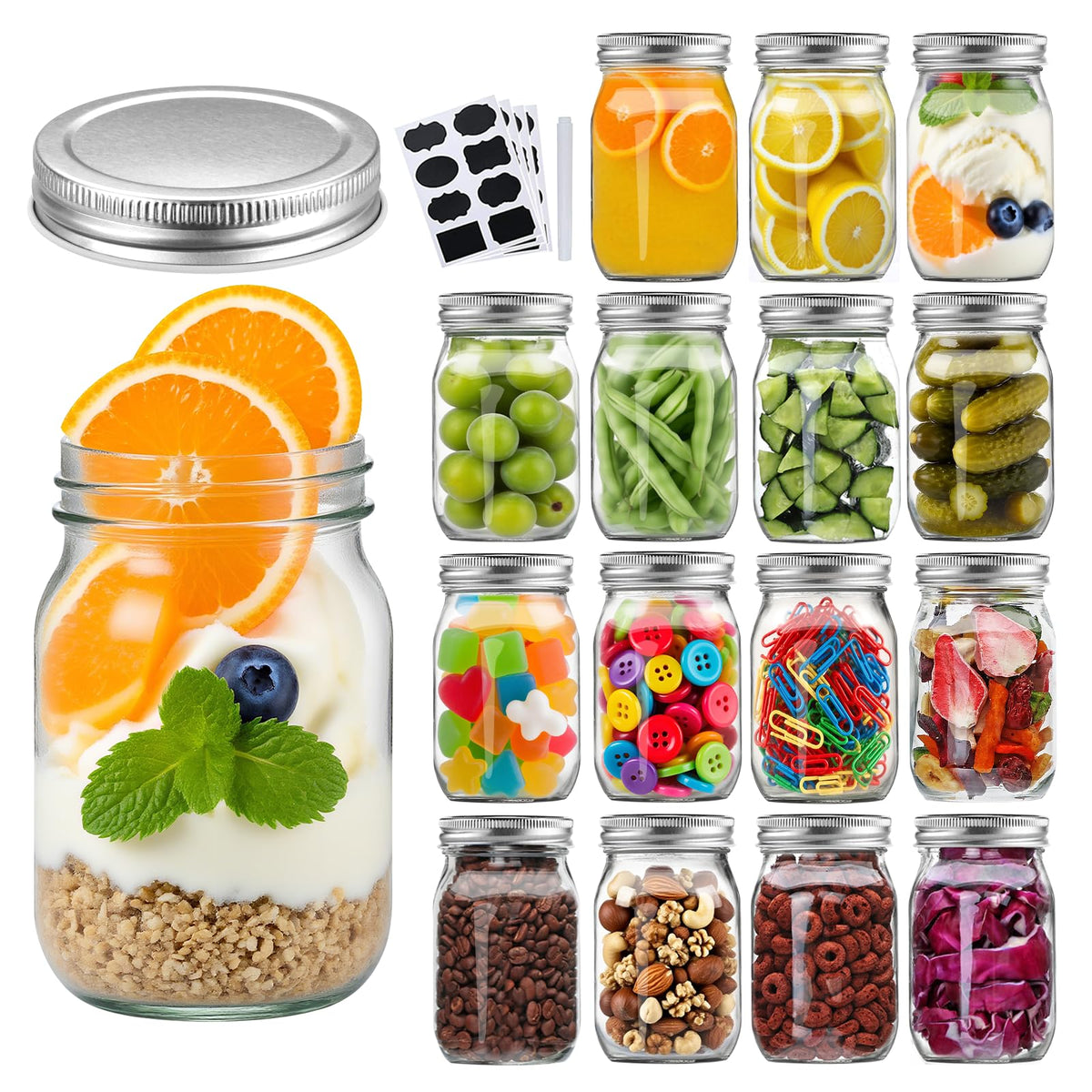 16 Pack 16 oz Glass Mason Jars with Airtight Lids O3983
