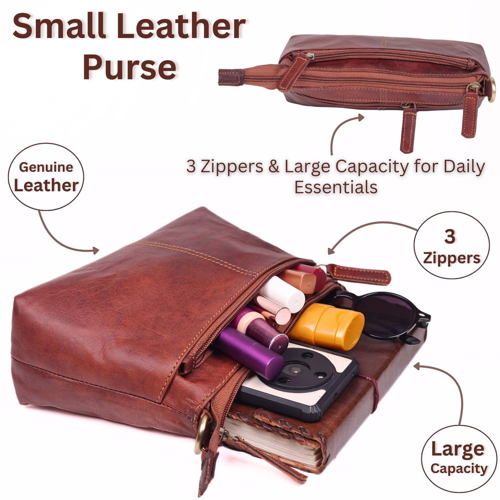 Small Genuine Leather Crossbody Bag with 3 Zipper Pockets I163