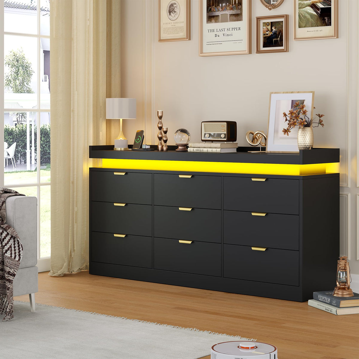 Black 9 Drawer Wood Dresser with LED Lights and Power Outlet E37705