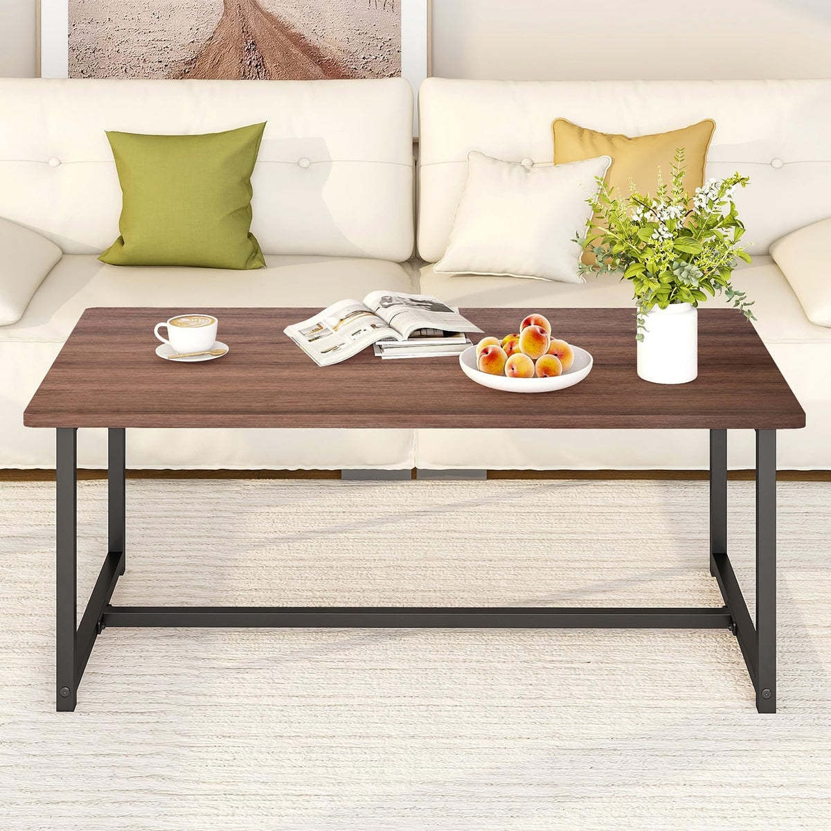 Walnut Rectangular Wood Coffee Table with Metal Frame K80296