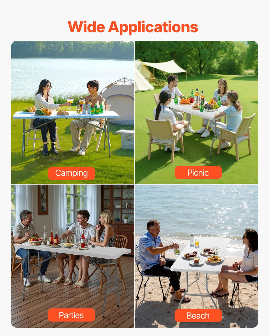 Folding Table, Heavy Duty Portable Fold-in-Half Utility Table, Indoor Outdoor Plastic Rectangle Table with Built in Handle, 6 ft, White L213733