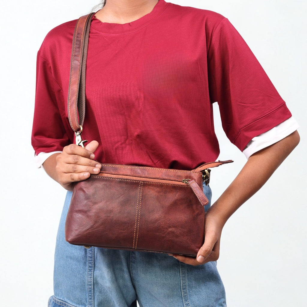 Small Genuine Leather Crossbody Bag with 3 Zipper Pockets I163