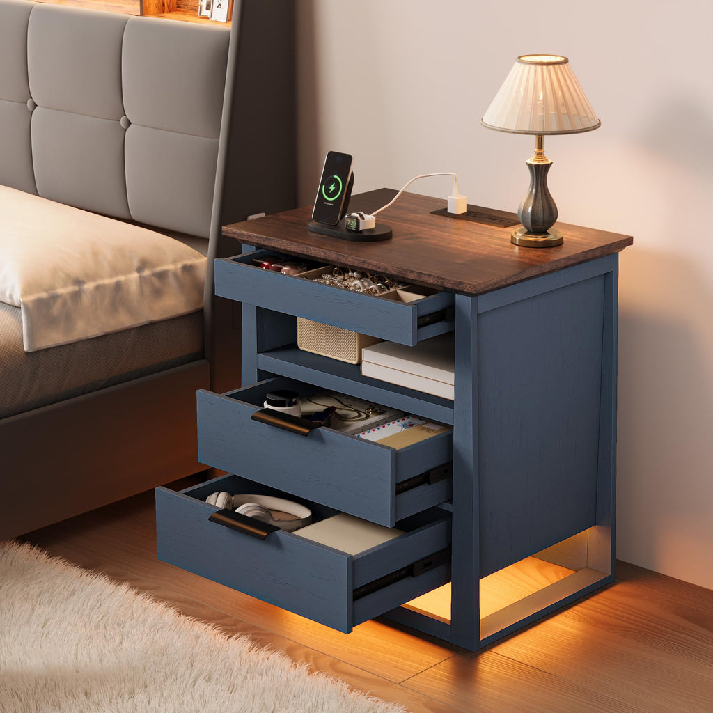 3 Drawer Nightstand with Charging Station and LED Lights S53817