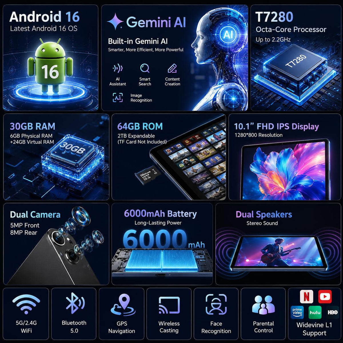 Black 10.1 inch Android 16 Tablet with Keyboard R962128