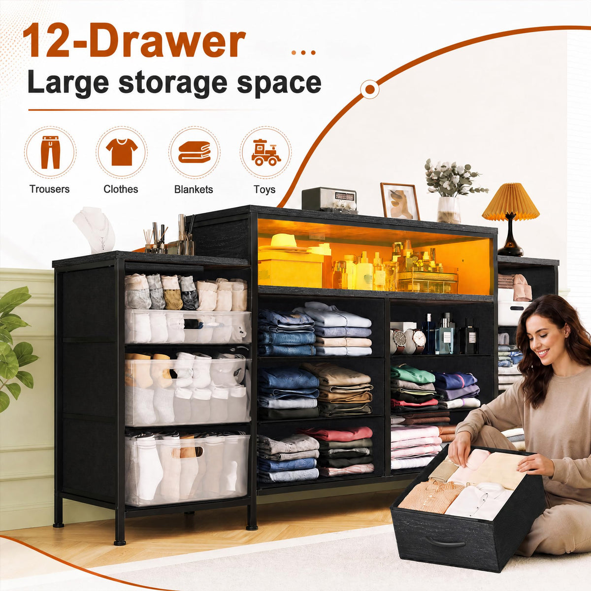 12 Drawer Dresser with LED Lights and Charging J707603