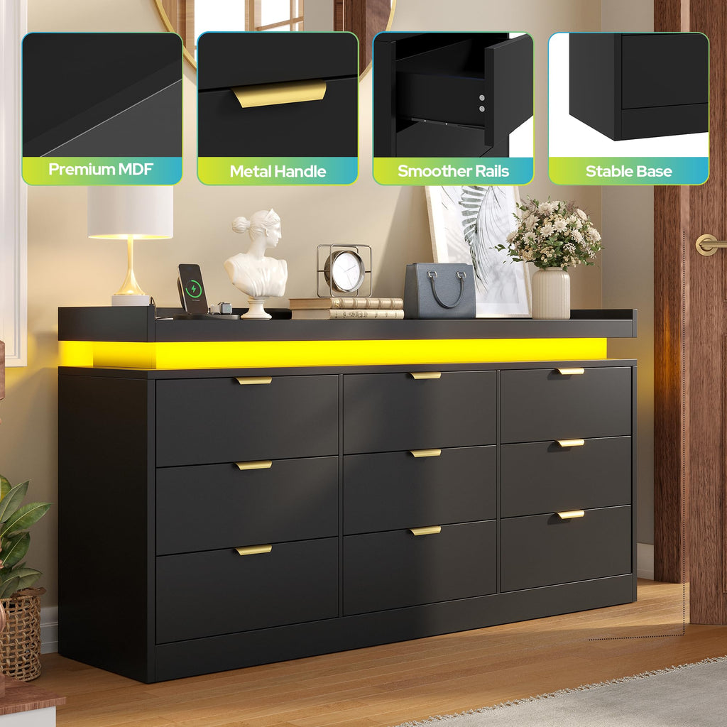 Black 9 Drawer Wood Dresser with LED Lights and Power Outlet E37705