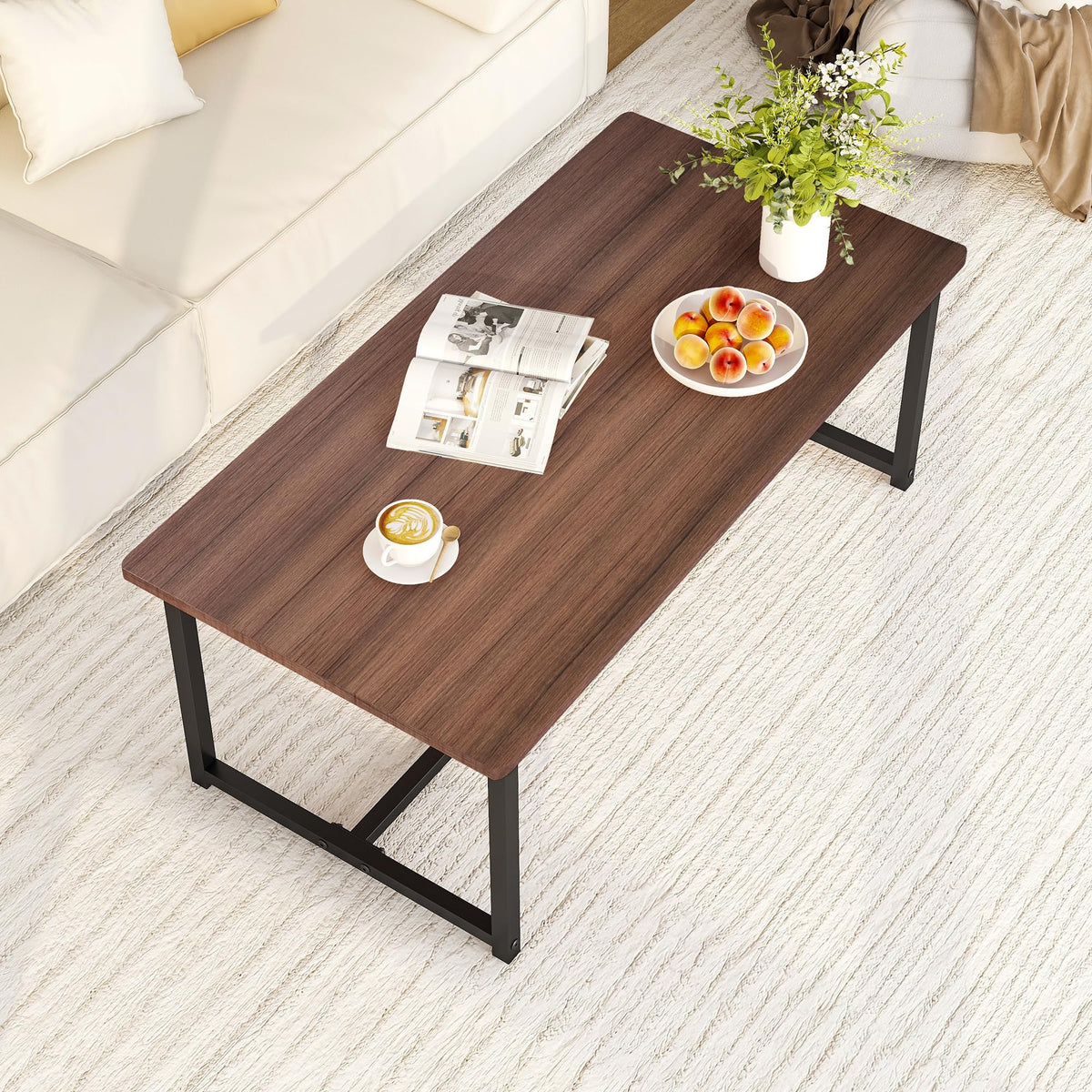 Walnut Rectangular Wood Coffee Table with Metal Frame K80296