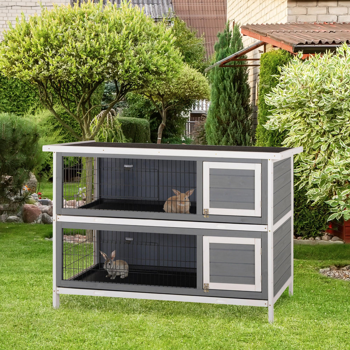 54" 2-Story Wooden Rabbit Hutch with Lockable Doors X98388